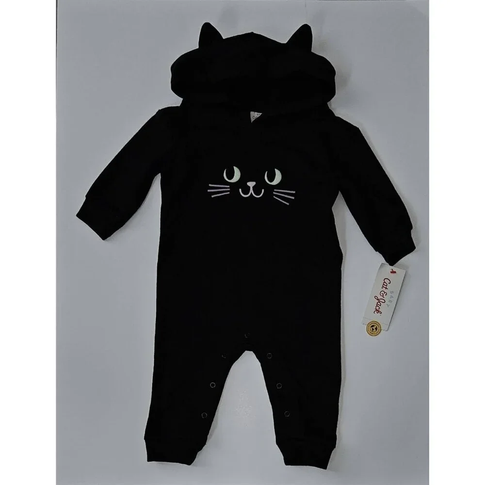 NEW Black Cat Halloween Outfit Baby 3-6 Months Hooded PINK FACE Cat & Jack